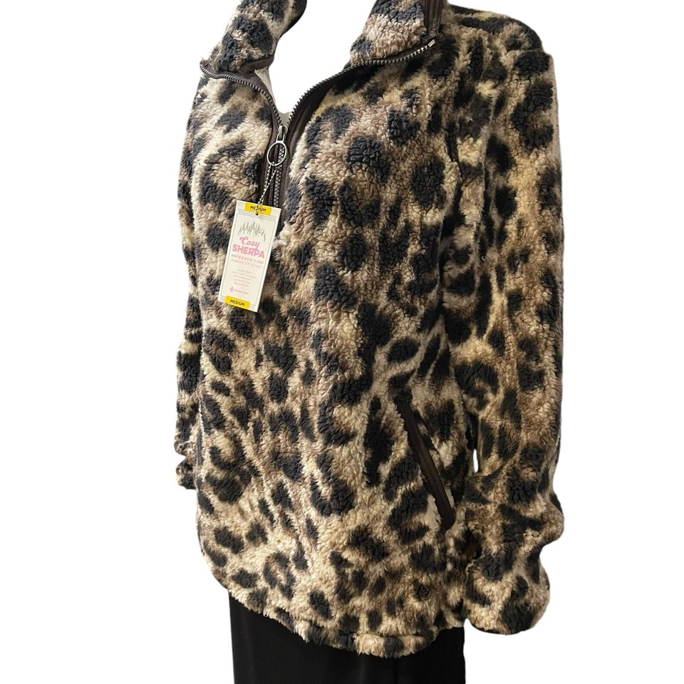 NWT Women's Member's Mark Cozy Sherpa Leopard Jacket Medium 1/4 Zip eBay