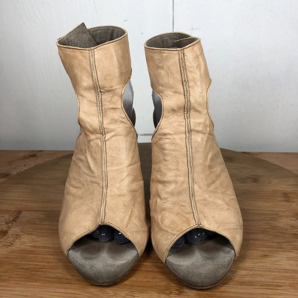 Calleen Cordero Zapatos Mujer 9 Marrón Cuero Tacones Peep Toe Sandalias Hechas en Los Ángeles Foto 3 de 4