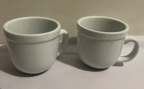 Set of 2 Pottery Barn Suppertime White Coffee Mugs Cups 3 1/2” Wide Rim Bistro