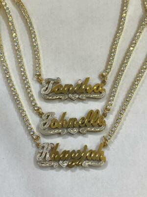 Personalized 14k gold overlay Name Necklace cz stone chain /bling - Main Image