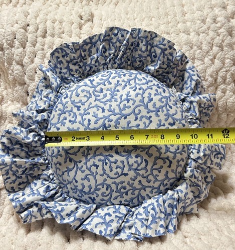 Small Round Blue/White Abstract Swirl Print Ruffled Decorative Throw Pillow - Picture 4 of 4