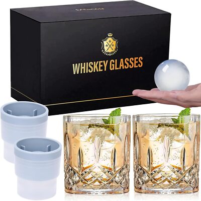 Old Fashioned Whiskey Glasses, Set of 4 (2 Crystal Bourbon 11 Oz & DIAMOND 