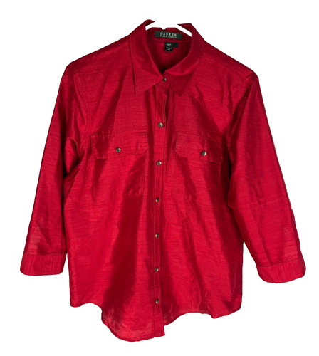 Lauren Ralph Lauren 100% Silk Red Button Down 3/4 Sleeve Shirt Textured Womens L