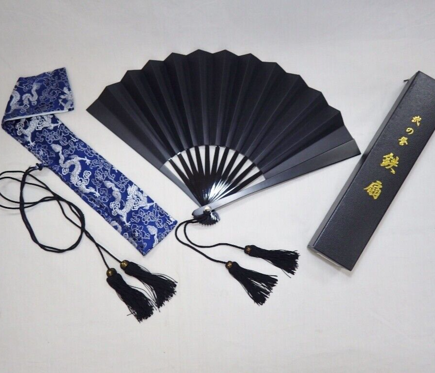 Tessen Japanese Iron Folding Fan T1-B 30cm Black Zinc Alloy Bamboo