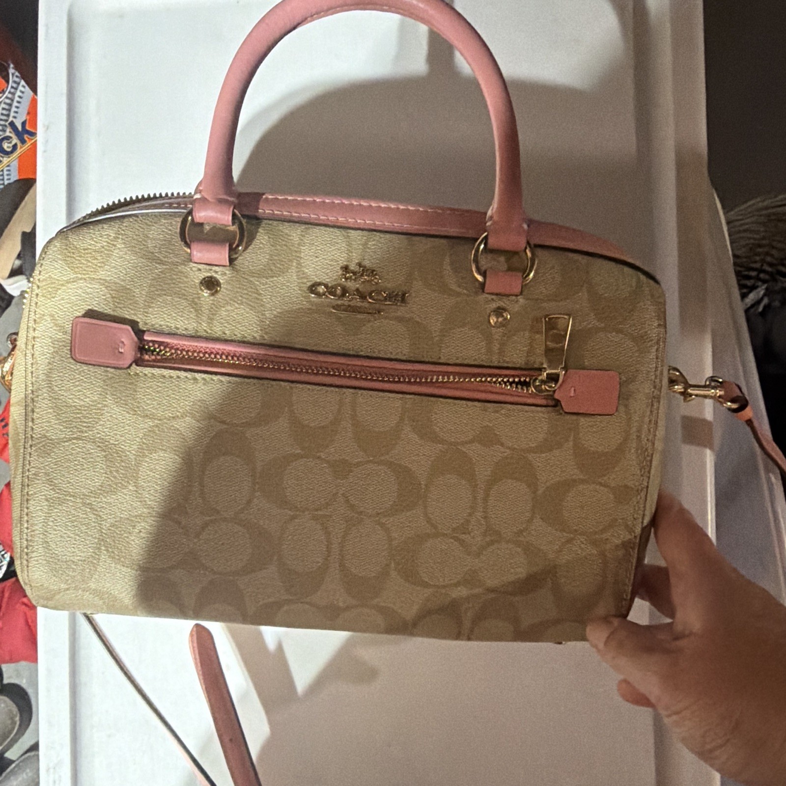 Coach Logo Satchel/Top Handle Bag Beige/Pink, Zip, Small, Detachable Strap