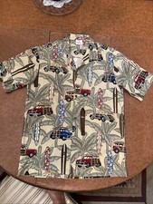 Vintage ALOHA REPUBLIC Hawaiian Cotton Camp Shirt Cars Surfboard Palm Trees L