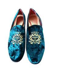 Men's Green Velvet Slip-on Loafers with Gold Embroidered Crown US Size 13
