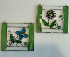 Stained Glass Sun Catcher Flowers Lot Of 2 Window Hanger ,Heavy ,Vintage,