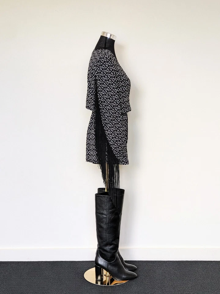 H&M Coachella Negro Satinado Envolvente Mameluco Flecos Manga Larga Primavera Boho Festival XS Foto 3 de 4