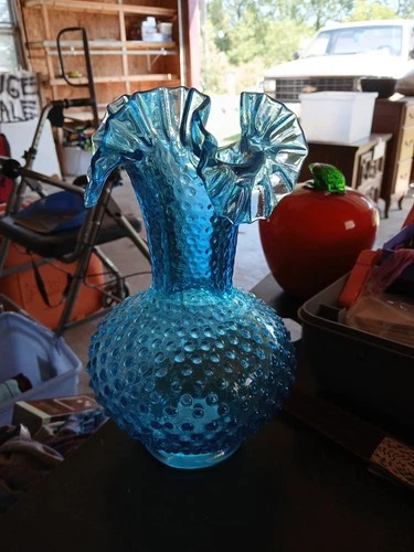 Vintage Fenton 10.5” Colonial Blue Hobnail Ruffle Topped Vase