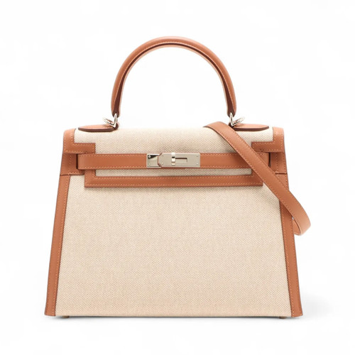 Hermès Kelly 28 Serie Toile H x Veau Swift Ecru x gold Silver Metal Fittings B: