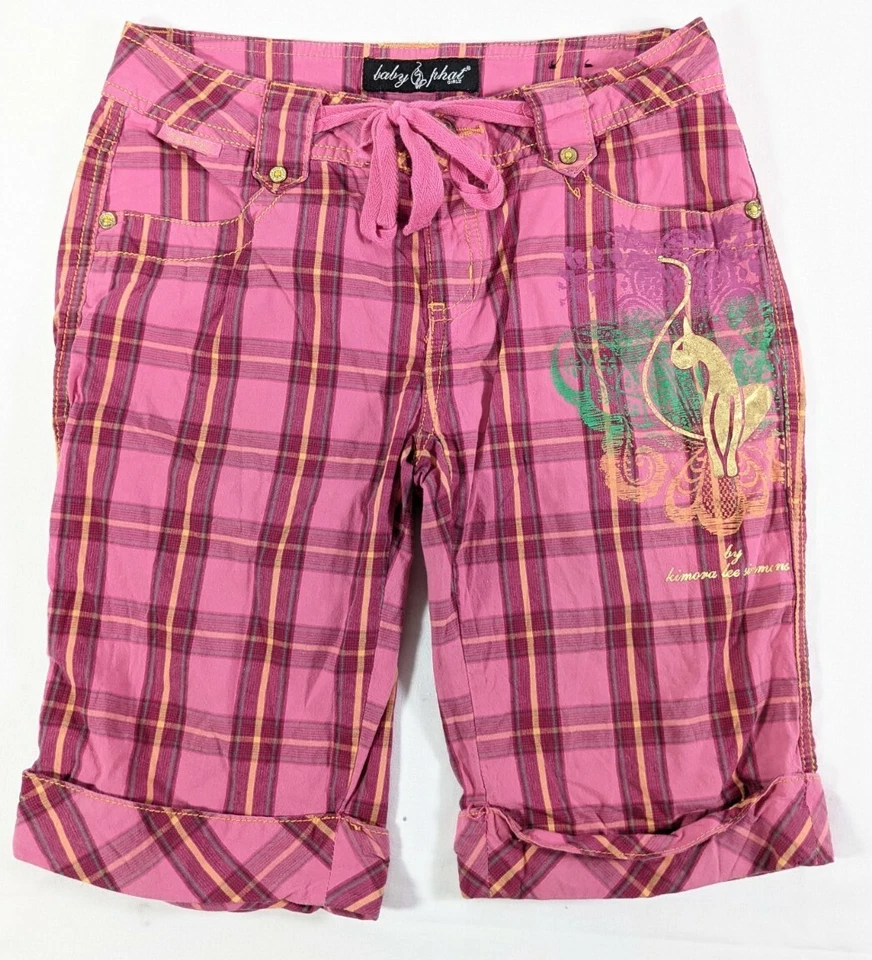 BABY PHAT Girl's Pink Plaid Drawstring Reg Fit Cuff Stretch Bermuda Shorts sz 14 - Image 3 of 4