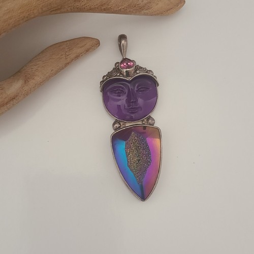 RARE SAJEN STERLING SILVER PURPLE GEMSTONES MOON FACE GODDESS LARGE PENDANT 925 - 第 1/12 張圖片