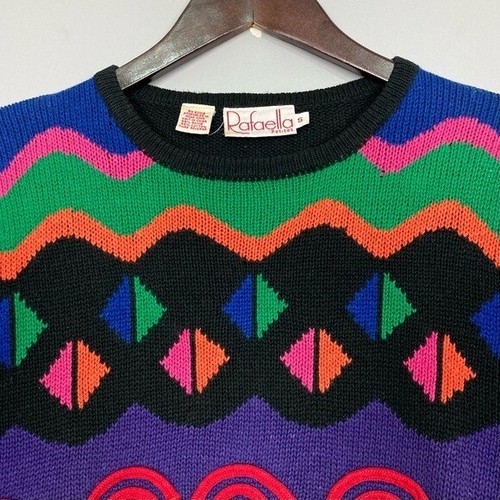 Vintage Colorful Knit Pullover Sweater Women’s Size S 3D Retro Geometric Cotton - 第 2/6 張圖片