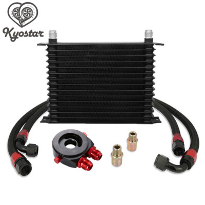 UNIVERSAL 15 ROW 10AN BLACK ALUMINUM ENGINE OIL COOLER + FILTER ADAPTER KIT NEW