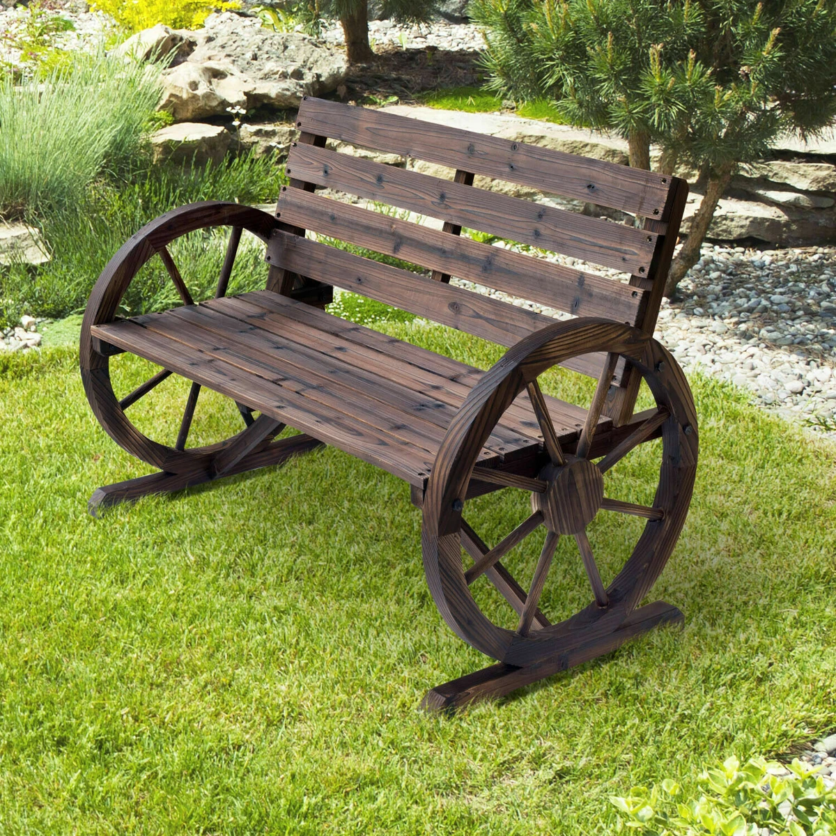 Outdoor wagon wheel bench deals