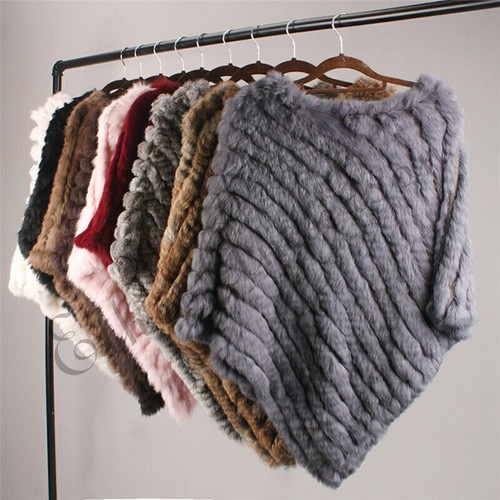Genuine Rabbit Fur Poncho Vogue Vest Wrap Coat Shawl Funny Bling Design Knitted