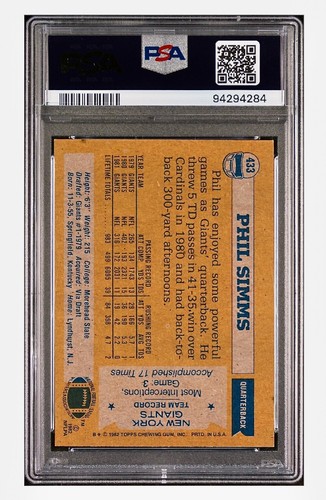 1982 Topps #433 Phil Simms New York Giants PSA 8 - Picture 2 of 2