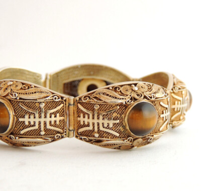 Altes CHINA SILVER Armband mit Tigerauge Silber vergoldet filigran Handarbeit