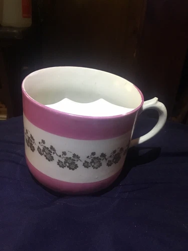 Antique European  Porcelain Gold And Pink Floral Design Mustache Coffee Cup Mug