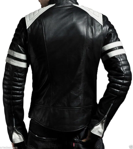 Men's Leather Jacket Biker Motorcycle Real Lambskin Black & White Stripes Jacket - Picture 2 of 5