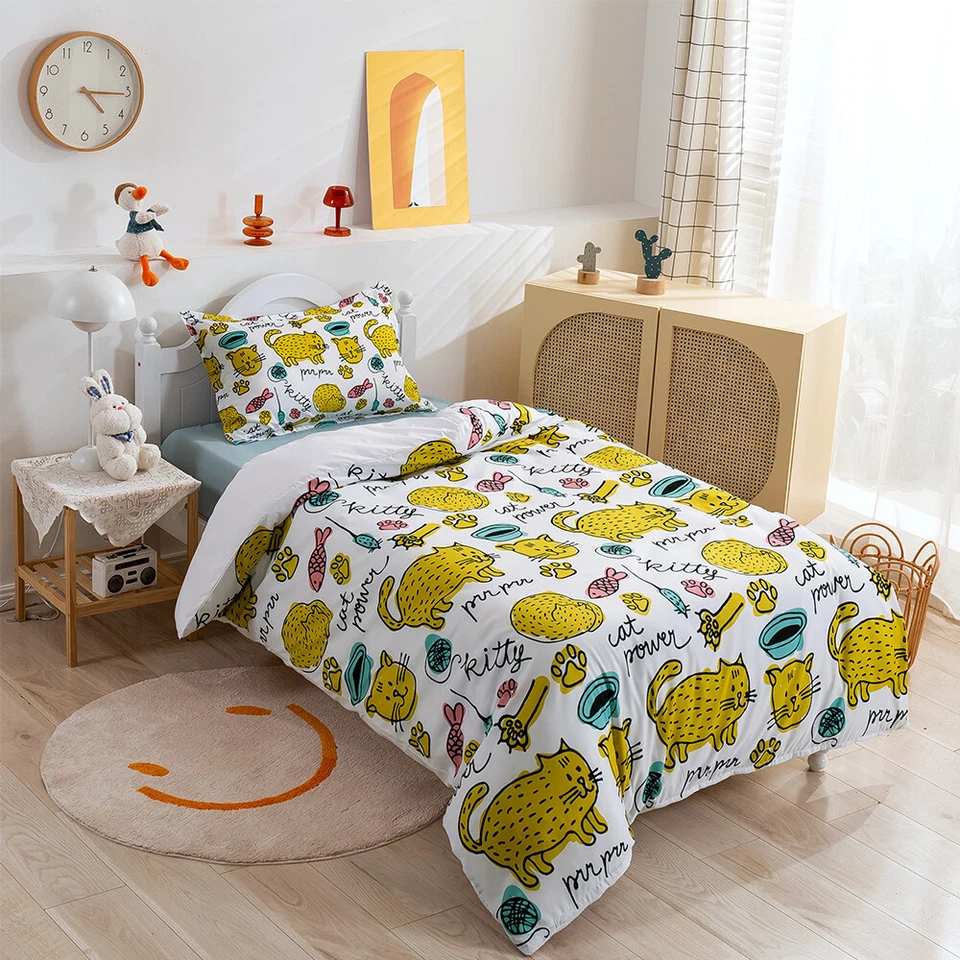 Juego de funda de edredón para niños con dibujos animados en 3D animales patrón de gato juegos de ropa de cama fundas de almohada Foto 3 de 4