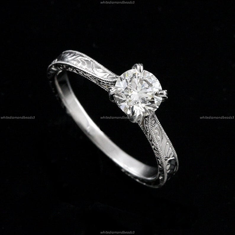 Art Deco Moissanite Engagement Ring in 14k Gold with Engraved Details-image