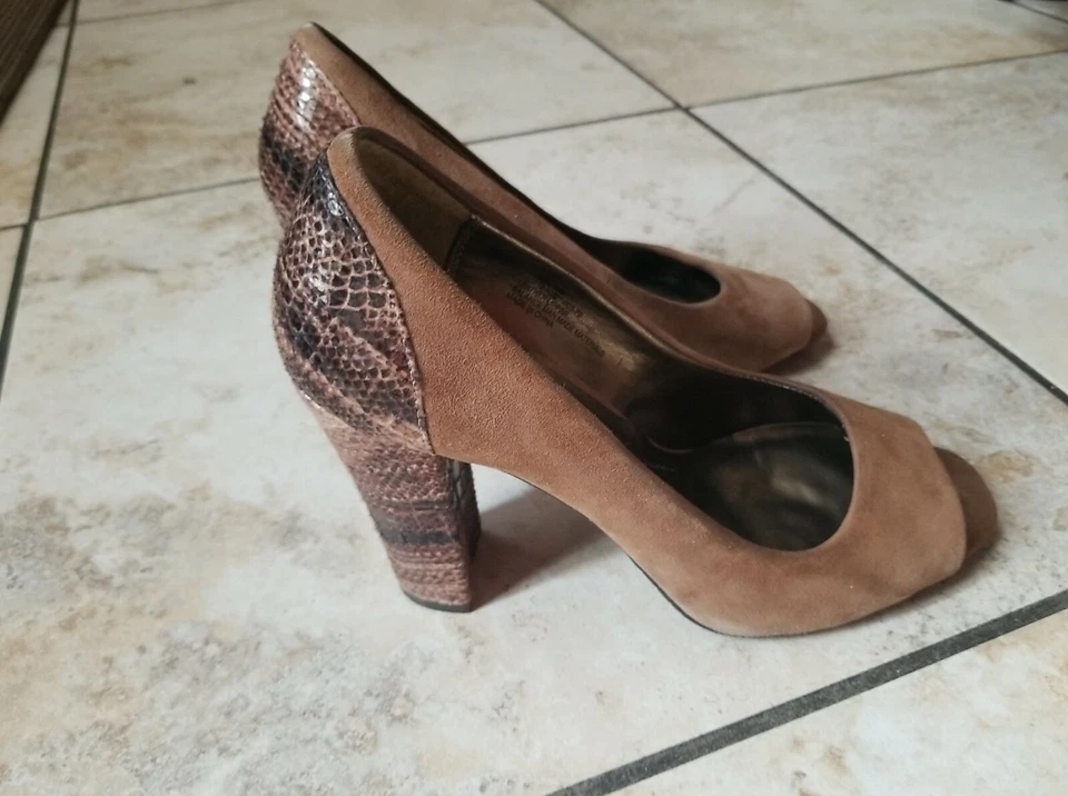 ANDREW GELLER Mujer Marrón Gamuza Tacón Damas Punta abierta Estampado Serpiente Tacones Talla 8 Foto 2 de 4