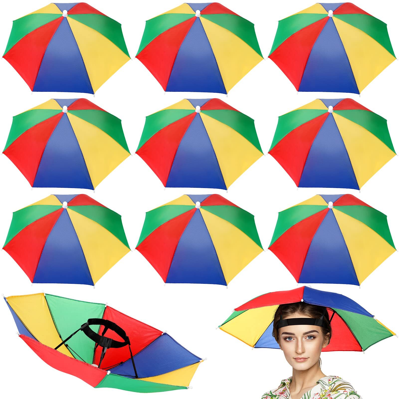 10 Pack Adjustable Rainbow Umbrella Hat for Adults and Kids Perfect for Fishing Beach and Outdoor Activities