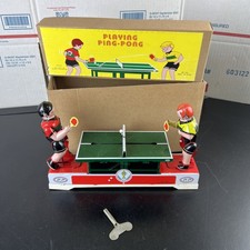 Vintage Playing Ping Pong Key Wind Up Tin Toy In Original Box