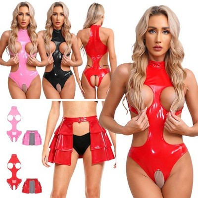 DE Damen Wet-Look Dessous-Set mit offenem Schritt Bodysuit und Minrock Clubwear