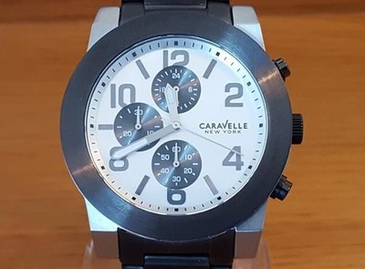Herrenuhr schwarz Stahl Bulova Caravelle New York 45A127 XL Militärstil Chrono