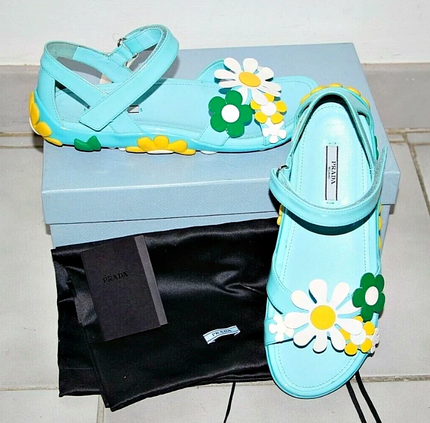 靴 Prada Flower Motif Sandals Green 37 Rare PRADA Casual Floral Sandals for Women for sale | eBay