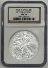 2008-W Reverse Of 2007 Burnished Silver Eagle MS70 NGC Brown Label