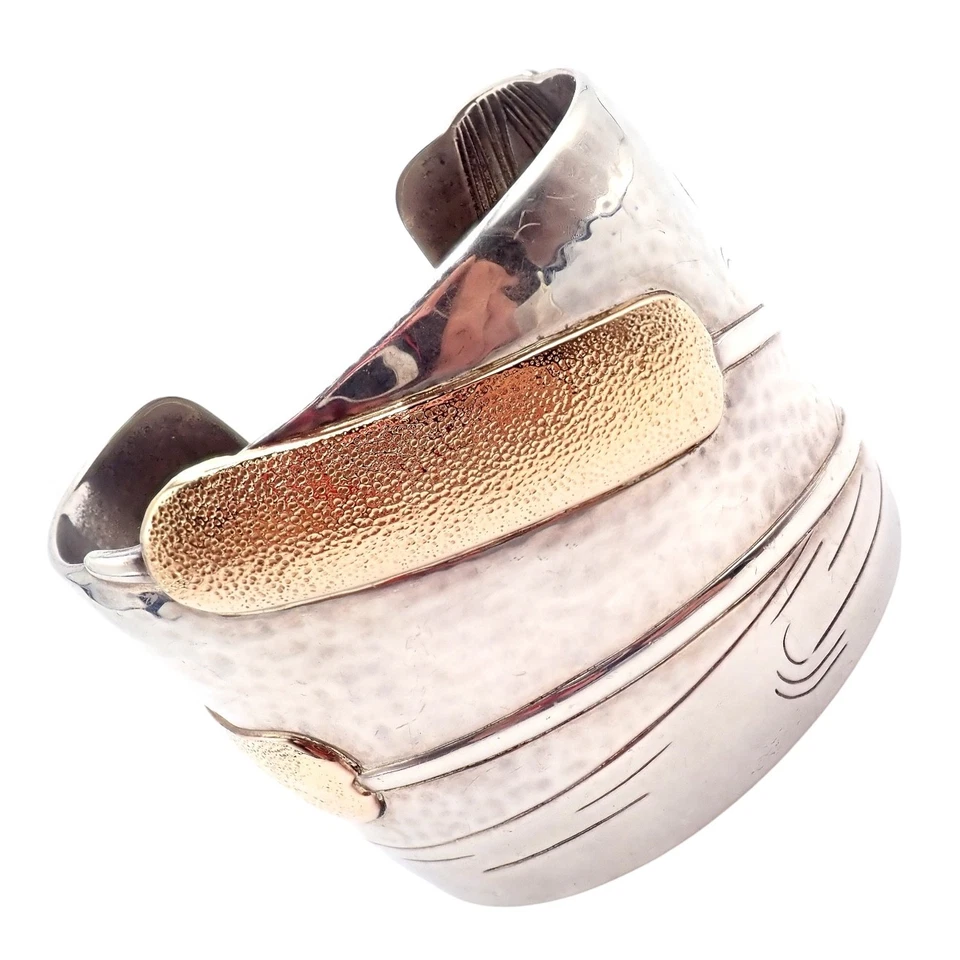 Vintage Tiffany & Co 18k Yellow Gold Silver Cattail Nature Cuff Bracelet 2001