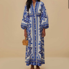 Farm Rio Flora Tapestry Maxi Dress XS NWT Blue Floral Boho Linen - Tag Still On