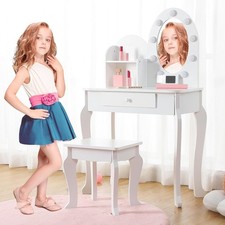 Princess Dressing Girls' Vanity Set with Light and Mirror Makeup Table Stool  