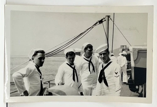 1940s US Navy Sailors Handsome Men On Ship Deck WWII Vtg Military Snapshot Photo
