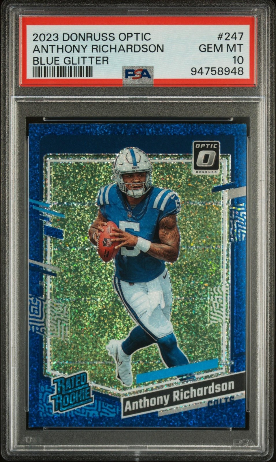 2023 Panini Donruss Optic Anthony Richardson #247 RC Rookie Blue Glitter PSA 10