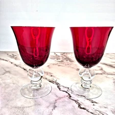 Ruby Red Glass Goblets Clear Bubble Stem Hand Blown Artisan Wine Glass Set of 2