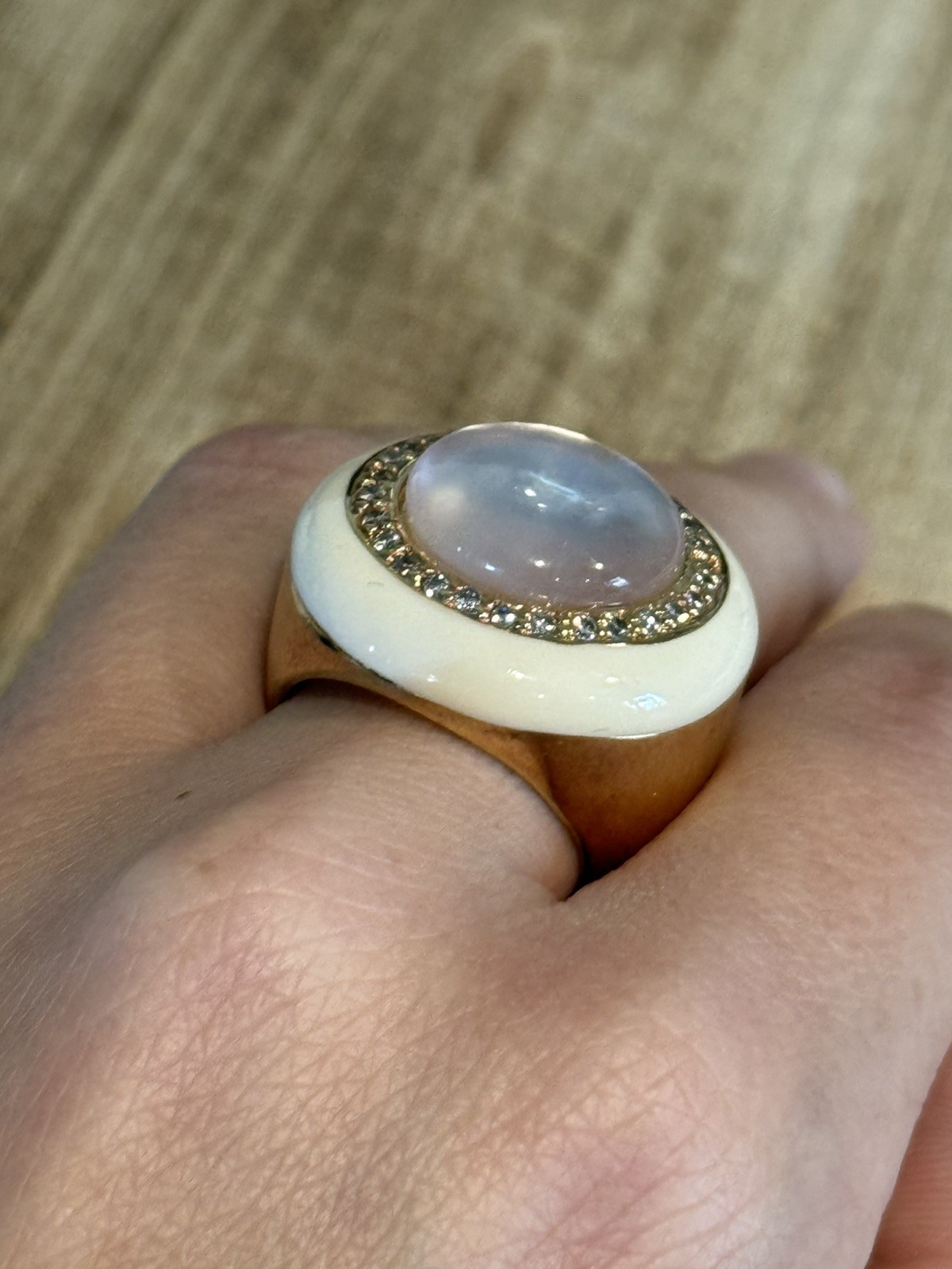Statement Moonstone Style Cabochon Ring White Ena… - image 3