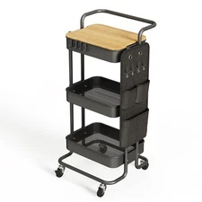 DTK 3 Tier Metal Utility Rolling Cart with Table Top and Side Bags Tray Stora...