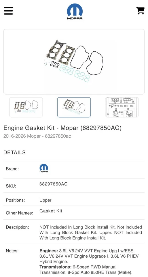 NEW Genuine Mopar 68297850AC Engine Gasket Kit 3.6L V6 Jeep Dodge RAM Chrysler - Image 2 of 2