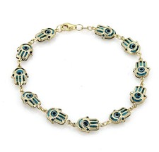 Multi Blue Evil Eye Hamsa Hands Link 14k Yellow Gold Bracelet