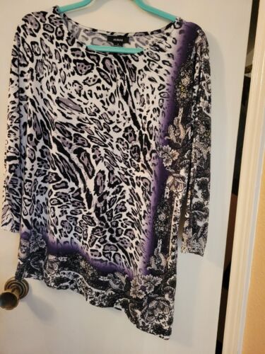 ALFANI M/L Tunika Bluse Damen schwarz/weiß Stretch Animalprint Blumen Nieten