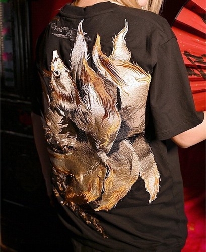 Mens Japanese Myths Pattern Embroidery 9-Tailed-Fox Cotton T-Shirt Black Unisex - Picture 13 of 22