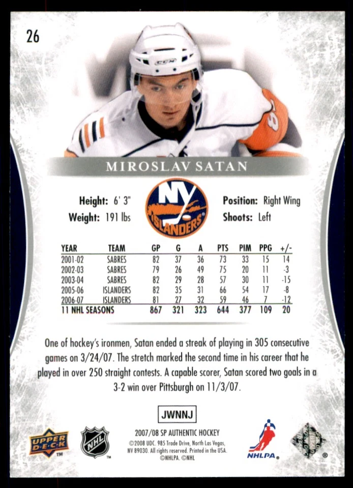 2007-08 SP Authentic Miroslav Satan #26 - Image 2 of 2