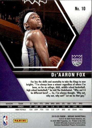 2019-20 Panini Mosaic #10 - De'Aaron Fox - Picture 2 of 2