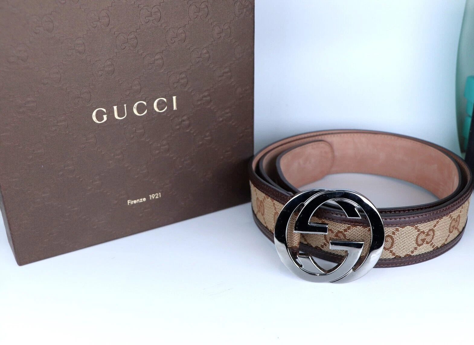 Ceinture homme Gucci ton argent double G en cuir marron imbriquée taille 105 42
