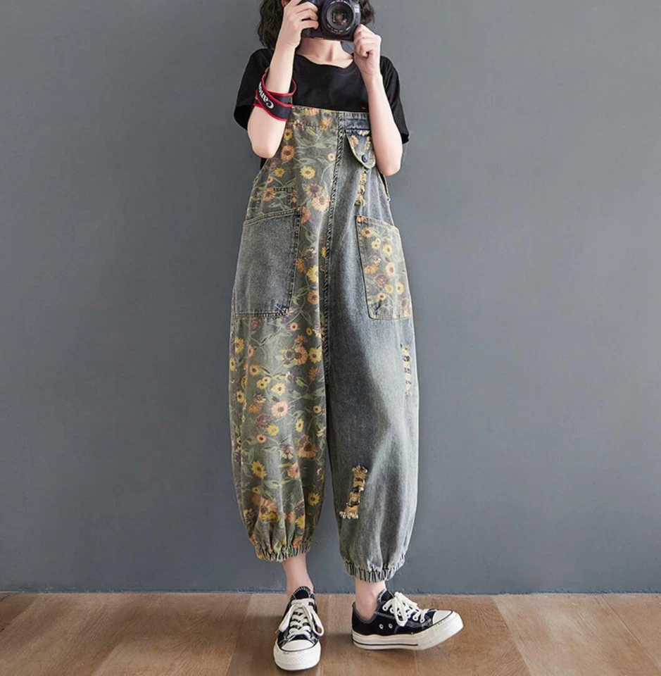 Mujeres Floral Estampado Denim Peto Mono Étnico Jeans Pantalones Pantalones Foto 3 de 4